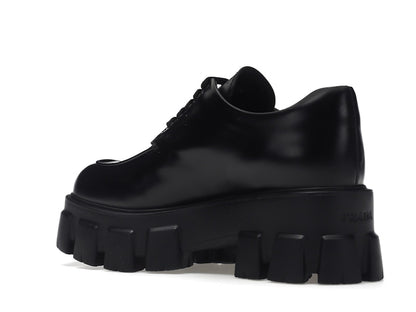 Prada Monolith 55mm Lace Up Loafer Black Brushed Leather