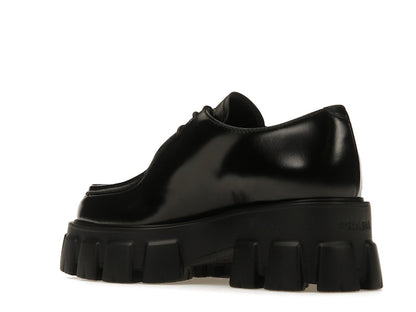 Prada Monolith 55mm Pointy Lace Up Loafer Black Brushed Leather