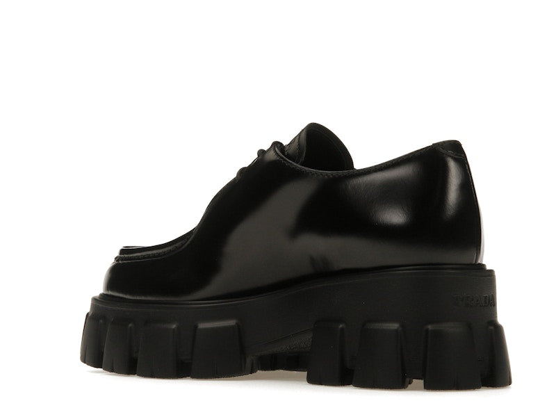 Prada Monolith 55mm Pointy Lace Up Loafer Black Brushed Leather