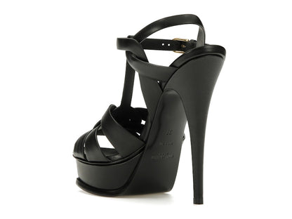 Saint Laurent Tribute Platform Sandal Heels Black Leather