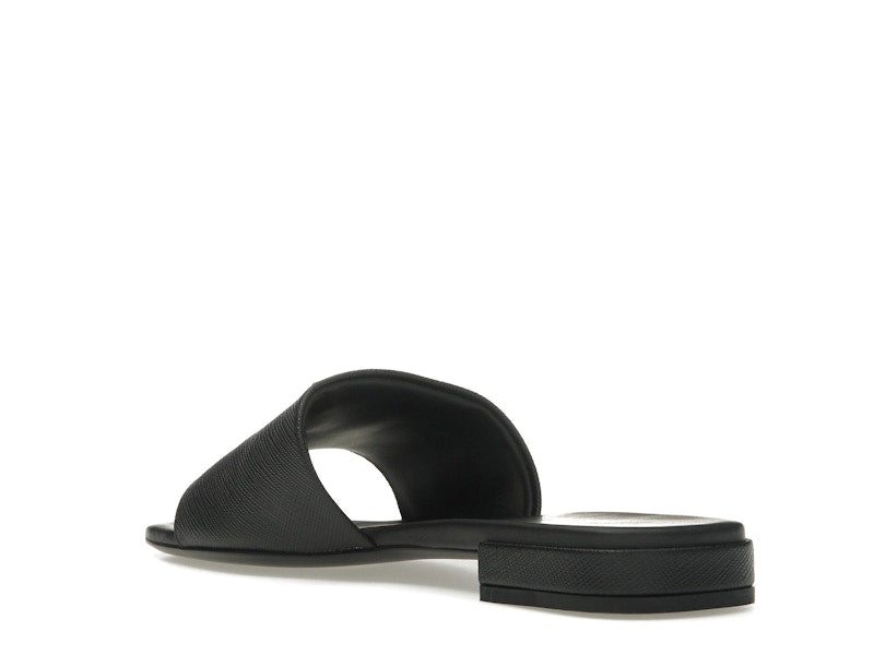 Prada Logo Slide Sandals Black Saffiano Leather