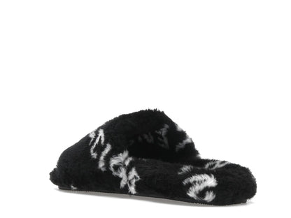 Balenciaga Furry Slide Fake Fur Logo Allover Black White