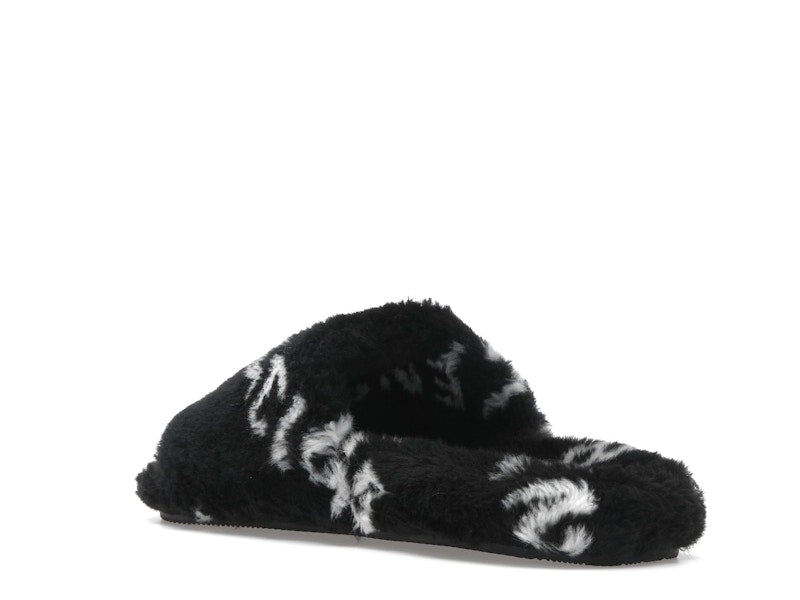 Balenciaga Furry Slide Fake Fur Logo Allover Black White