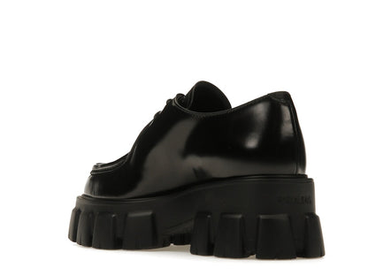 Prada Monolith 55mm Pointy Lace Up Loafer Black Brushed Leather