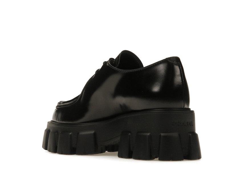 Prada Monolith 55mm Pointy Lace Up Loafer Black Brushed Leather