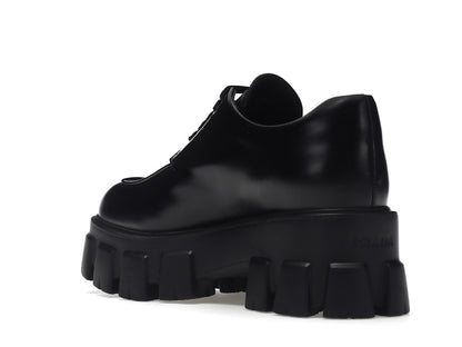 Prada Monolith 55mm Lace Up Loafer Black Brushed Leather