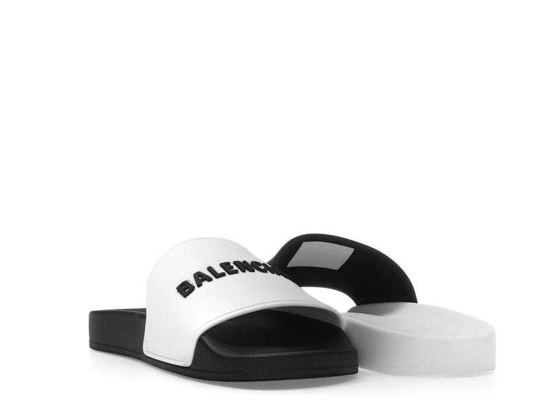 Balenciaga Pool Slides Logo White Black Alternate