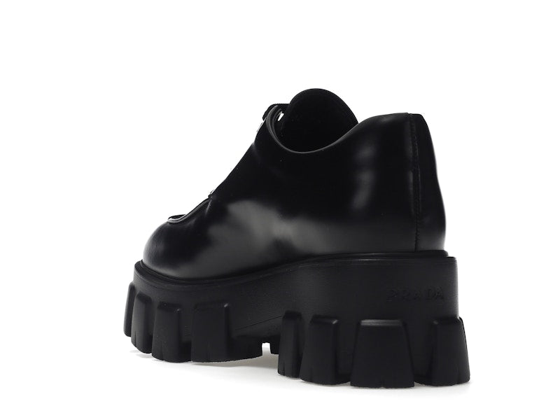Prada Monolith 55mm Lace Up Loafer Black Brushed Leather