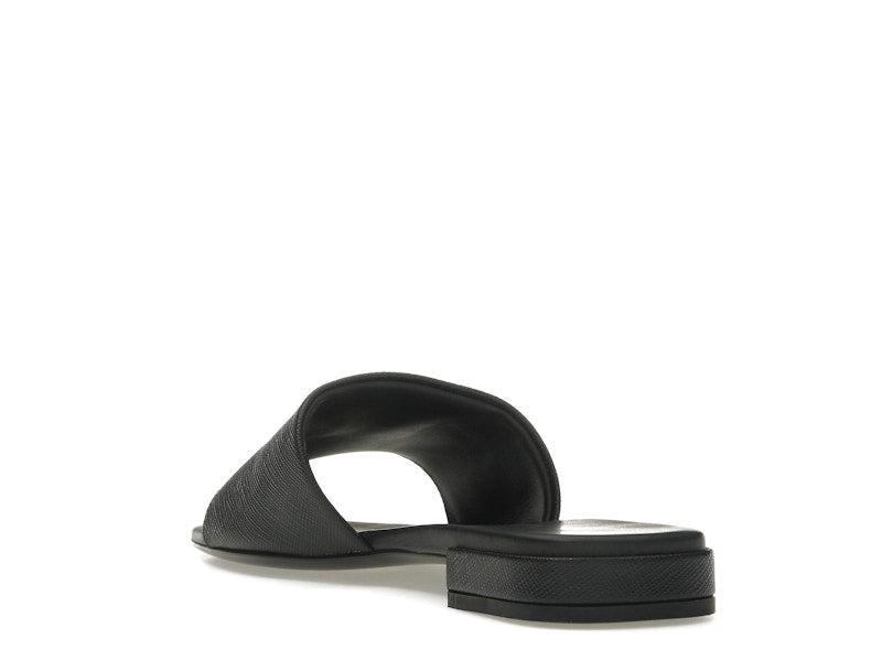 Prada Logo Slide Sandals Black Saffiano Leather
