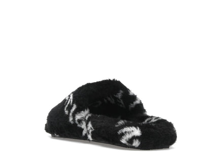 Balenciaga Furry Slide Fake Fur Logo Allover Black White