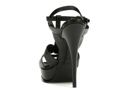 Saint Laurent Tribute Platform Sandal Heels Black Leather