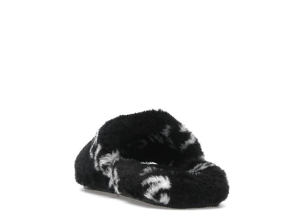 Balenciaga Furry Slide Fake Fur Logo Allover Black White