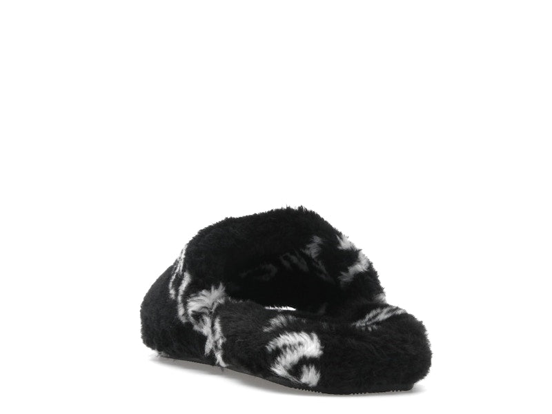 Balenciaga Furry Slide Fake Fur Logo Allover Black White