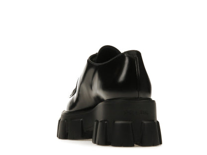 Prada Monolith 55mm Pointy Lace Up Loafer Black Brushed Leather