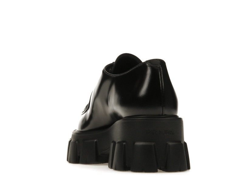 Prada Monolith 55mm Pointy Lace Up Loafer Black Brushed Leather