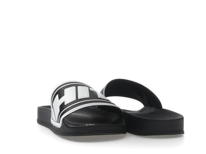 OFF-WHITE Embossed Logo Pool Slides Black White (Women's)