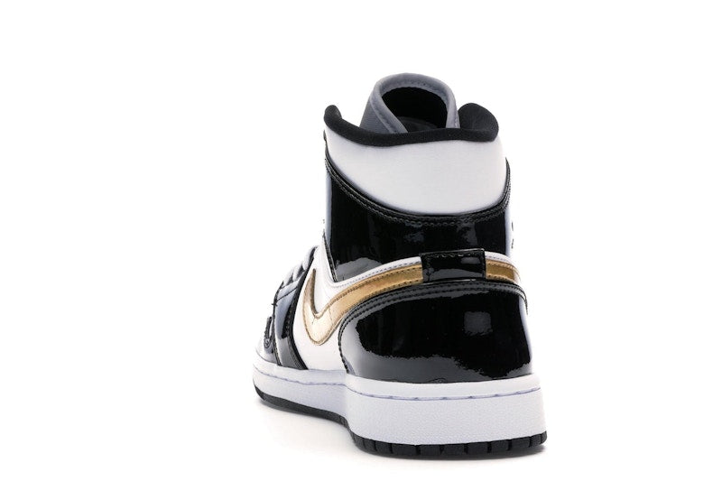 Jordan 1 Mid Patent Black White Gold