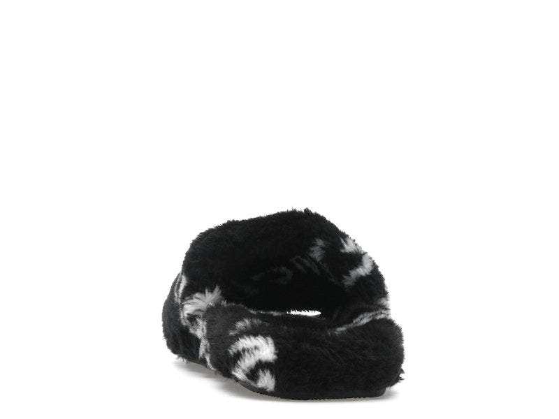 Balenciaga Furry Slide Fake Fur Logo Allover Black White