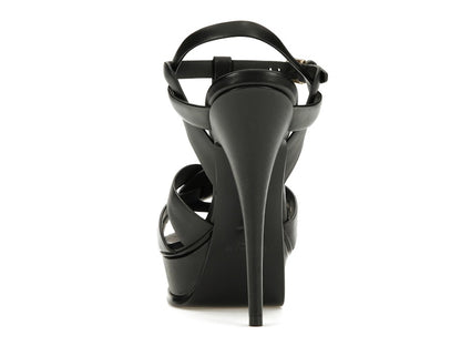 Saint Laurent Tribute Platform Sandal Heels Black Leather