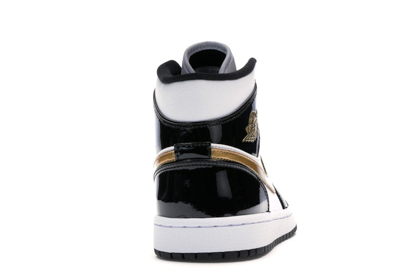 Jordan 1 Mid Patent Black White Gold