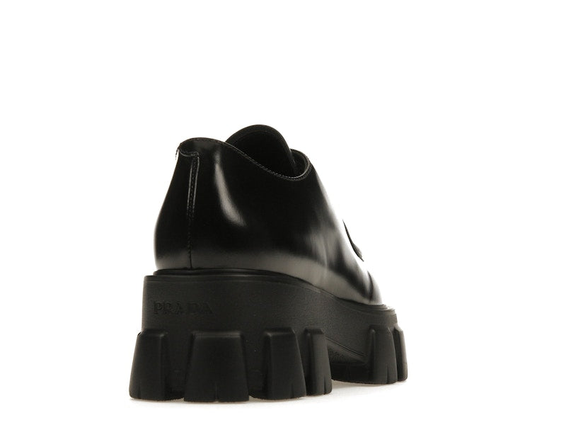Prada Monolith 55mm Pointy Lace Up Loafer Black Brushed Leather