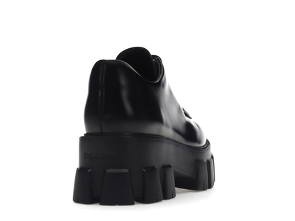 Prada Monolith 55mm Lace Up Loafer Black Brushed Leather