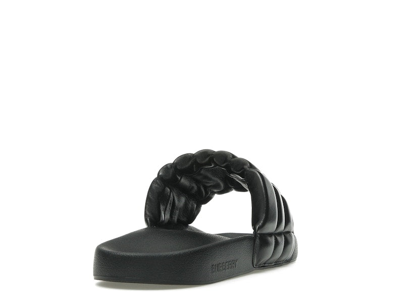 Burberry Monogram Motif Quilted Lambskin Slides Black Gold-tone