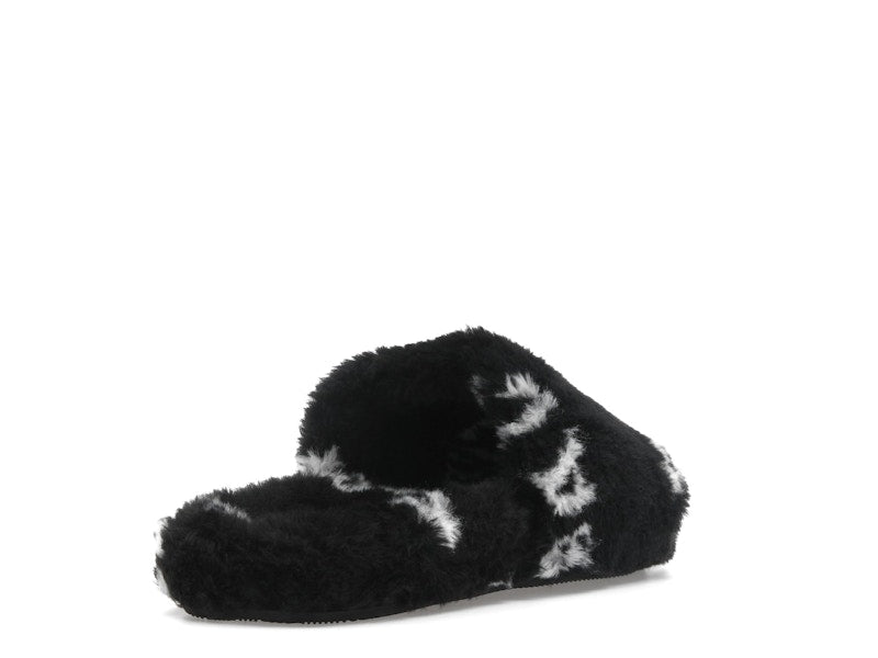 Balenciaga Furry Slide Fake Fur Logo Allover Black White