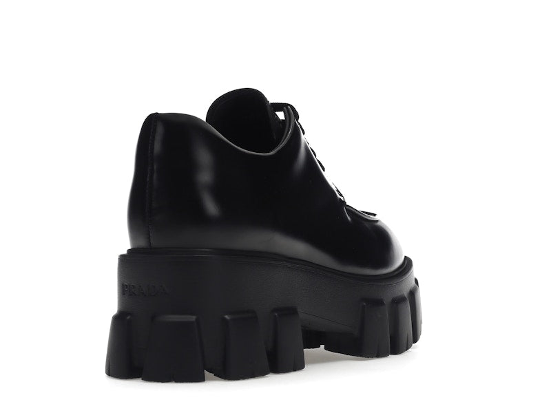 Prada Monolith 55mm Lace Up Loafer Black Brushed Leather