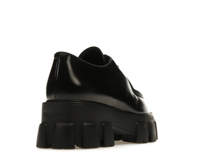 Prada Monolith 55mm Pointy Lace Up Loafer Black Brushed Leather