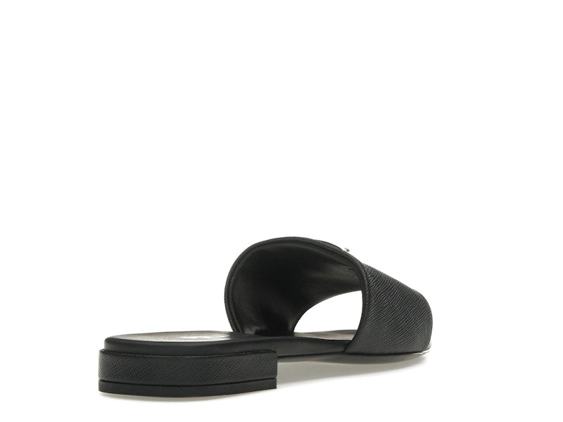 Prada Logo Slide Sandals Black Saffiano Leather