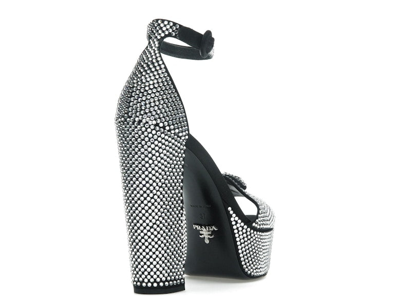 Prada 135mm Crystal Platform Sandals Black Satin