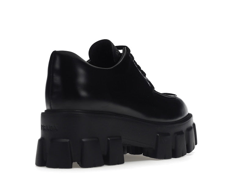 Prada Monolith 55mm Lace Up Loafer Black Brushed Leather