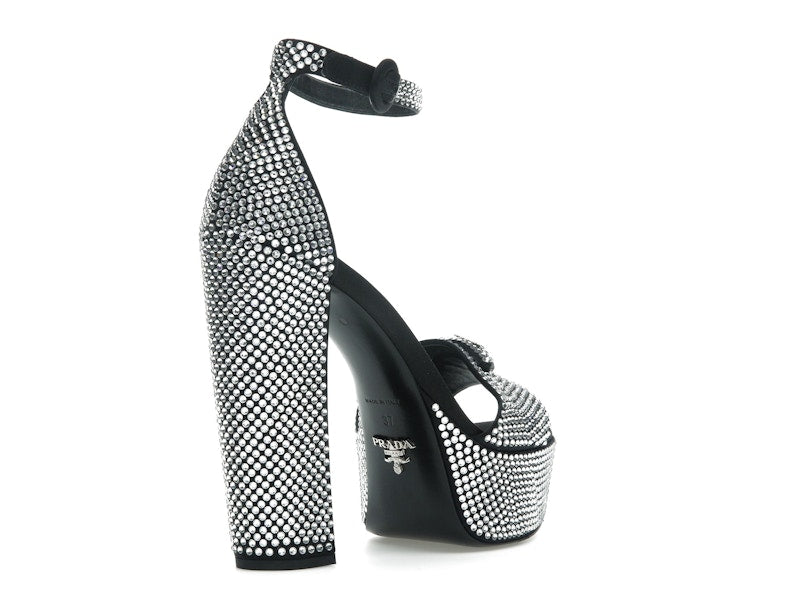 Prada 135mm Crystal Platform Sandals Black Satin
