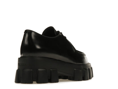 Prada Monolith 55mm Pointy Lace Up Loafer Black Brushed Leather