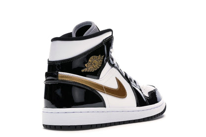 Jordan 1 Mid Patent Black White Gold