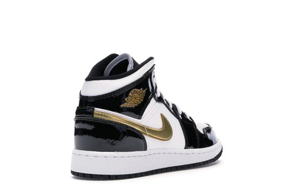 Jordan 1 Mid Patent Black White Gold (GS)