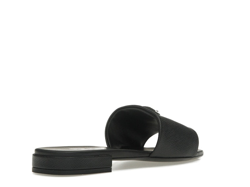 Prada Logo Slide Sandals Black Saffiano Leather