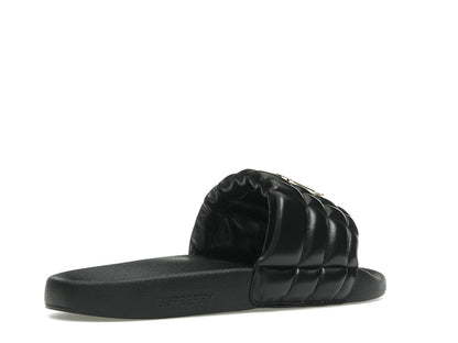 Burberry Monogram Motif Quilted Lambskin Slides Black Gold-tone