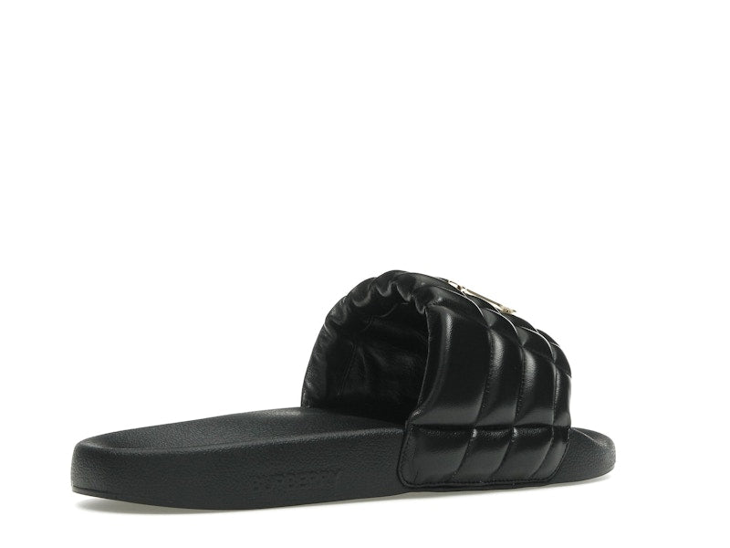 Burberry Monogram Motif Quilted Lambskin Slides Black Gold-tone