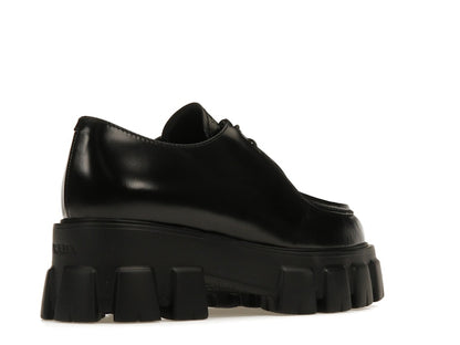 Prada Monolith 55mm Pointy Lace Up Loafer Black Brushed Leather