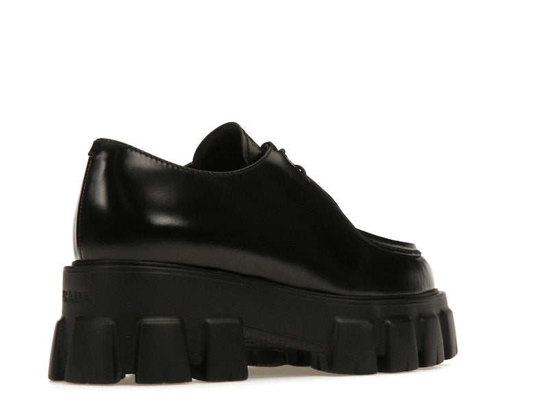 Prada Monolith 55mm Pointy Lace Up Loafer Black Brushed Leather