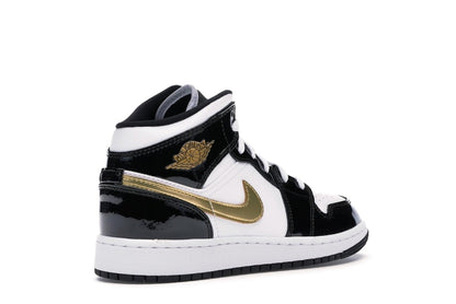 Jordan 1 Mid Patent Black White Gold (GS)