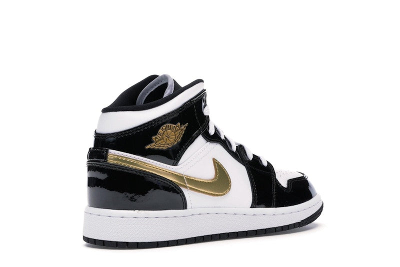 Jordan 1 Mid Patent Black White Gold (GS)