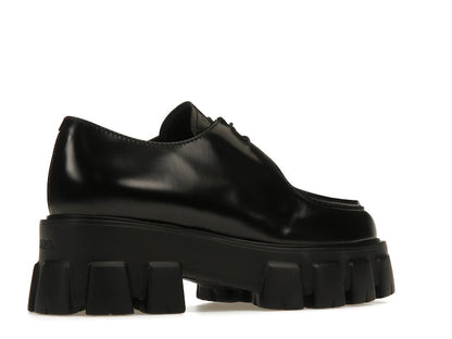 Prada Monolith 55mm Pointy Lace Up Loafer Black Brushed Leather