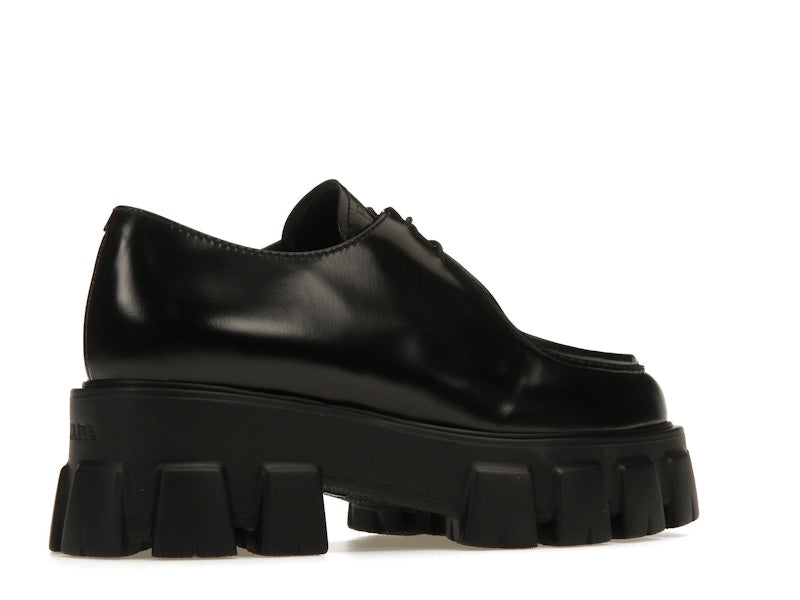 Prada Monolith 55mm Pointy Lace Up Loafer Black Brushed Leather