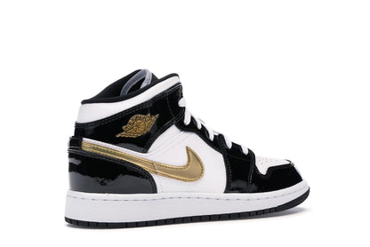 Jordan 1 Mid Patent Black White Gold (GS)