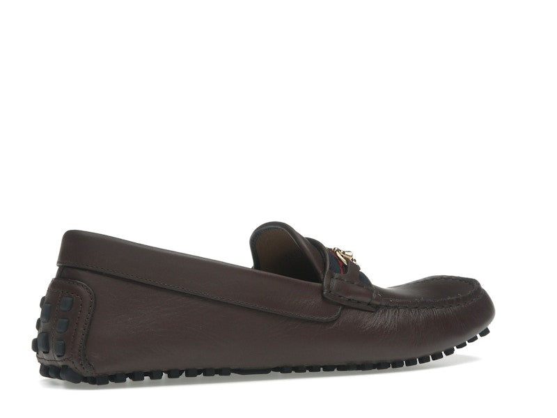 Gucci Ayrton Webbing-Trimmed Horsebit Leather Driver Loafers Brown