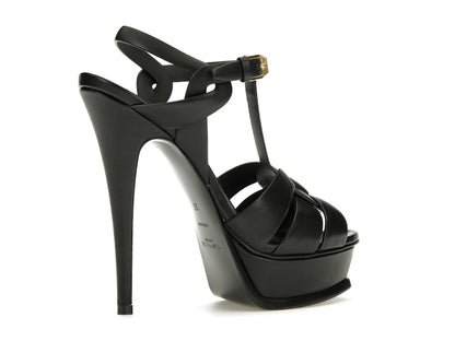 Saint Laurent Tribute Platform Sandal Heels Black Leather
