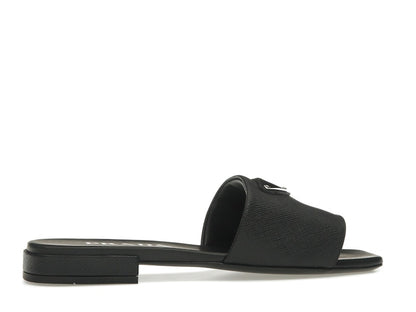 Prada Logo Slide Sandals Black Saffiano Leather